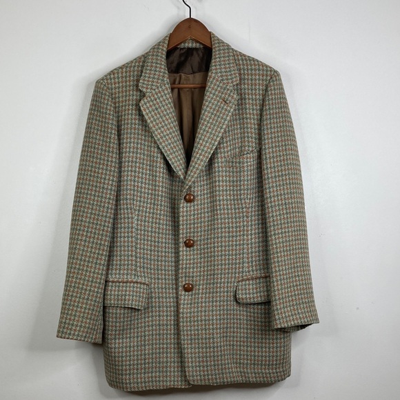 Vintage Harris Tweed Sport Coat Mens 42S Green Brown Houndstooth Wool 60s 70s - Picture 2 of 15